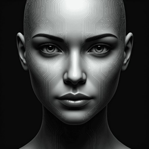 Portret syntetycznej twarzy AI z cyfrowymi obwodami