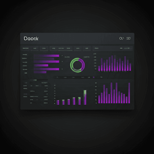 Dashboard z wizualizacją danych w fioletowo-zielonych barwach